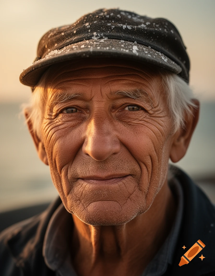 Photorealistic close-up portrait of an elderly fisherman with a weathered face, wearing a salt-dusted cap, smiling during golden hour.