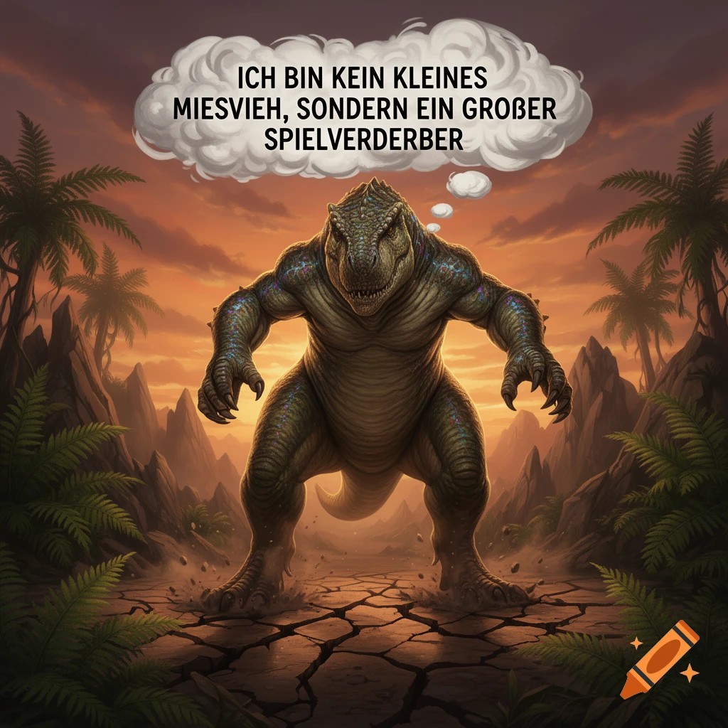 A strong green dinosaur with colorful scales stands on cracked earth in a prehistoric landscape with a thought bubble in German.