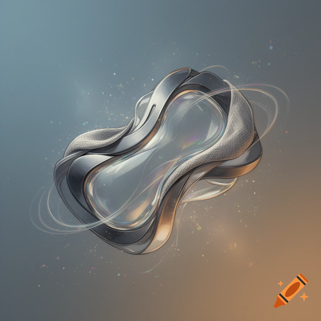 An abstract, fluid sculpture with metallic and glass textures, surrounded by subtle glowing particles against a blue and orange gradient background.
