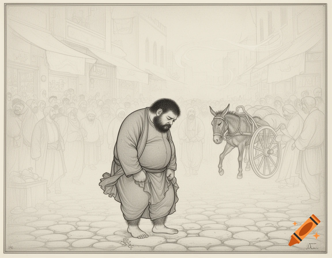 A man with a beard and a large belly walks barefoot through a busy bazaar, with a donkey and cart in the background, in a monochrome Persian miniature style.
