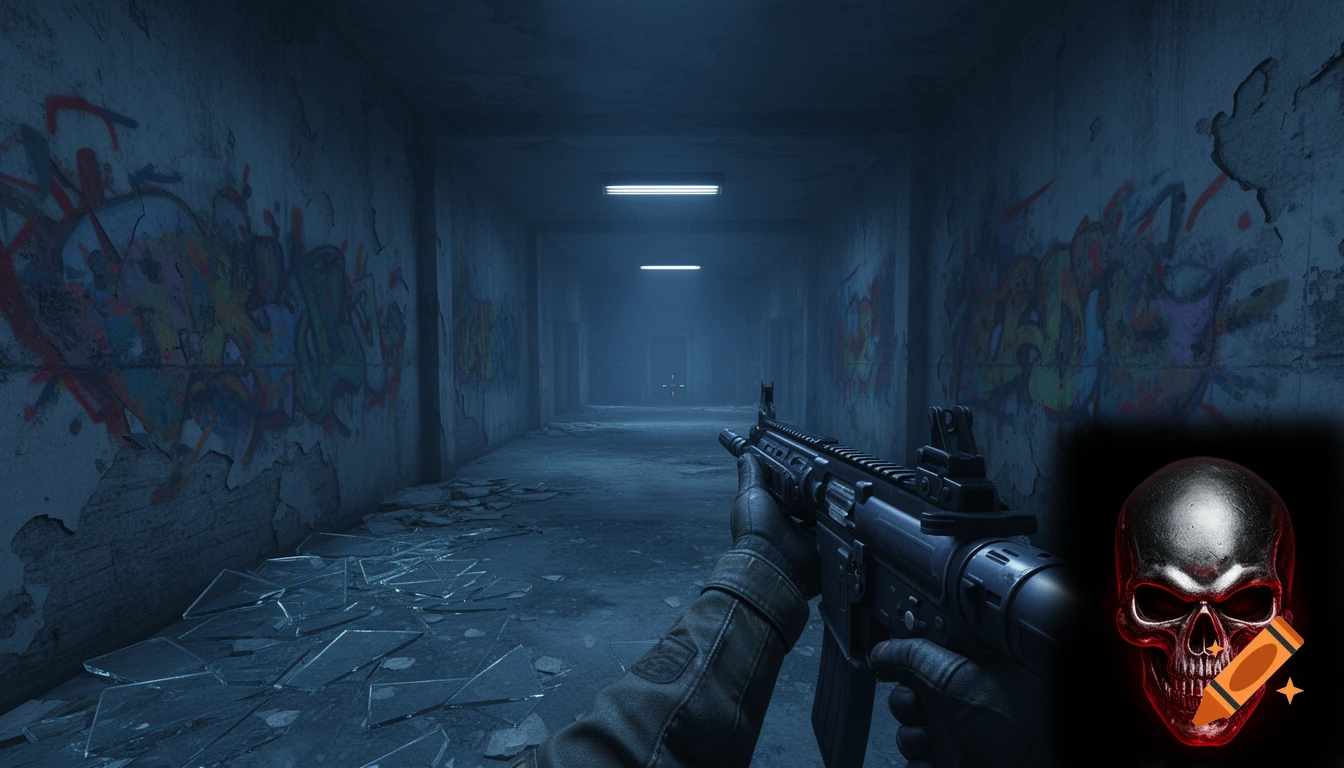First-person view in a dark, graffiti-covered corridor with broken glass, holding a rifle, with a glowing red skull UI element.