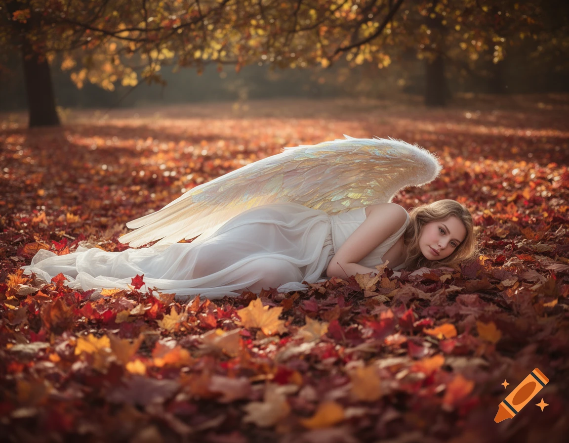 A blonde angelic woman in a white dress with large white wings lies on her side amidst a bed of red and orange autumn leaves.