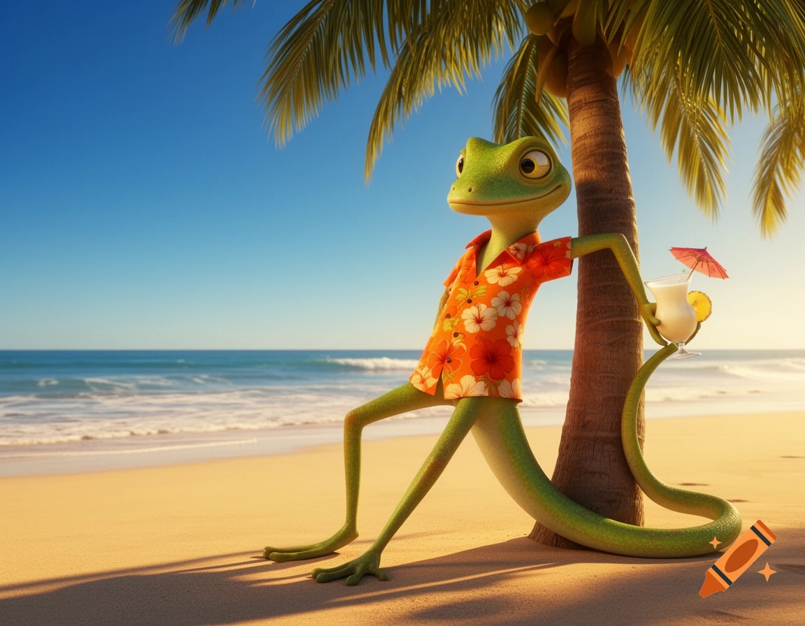 A 3D cartoon anthropomorphic lizard in an orange Hawaiian shirt leans against a palm tree on a sunny beach, holding a pina colada with its tail.
