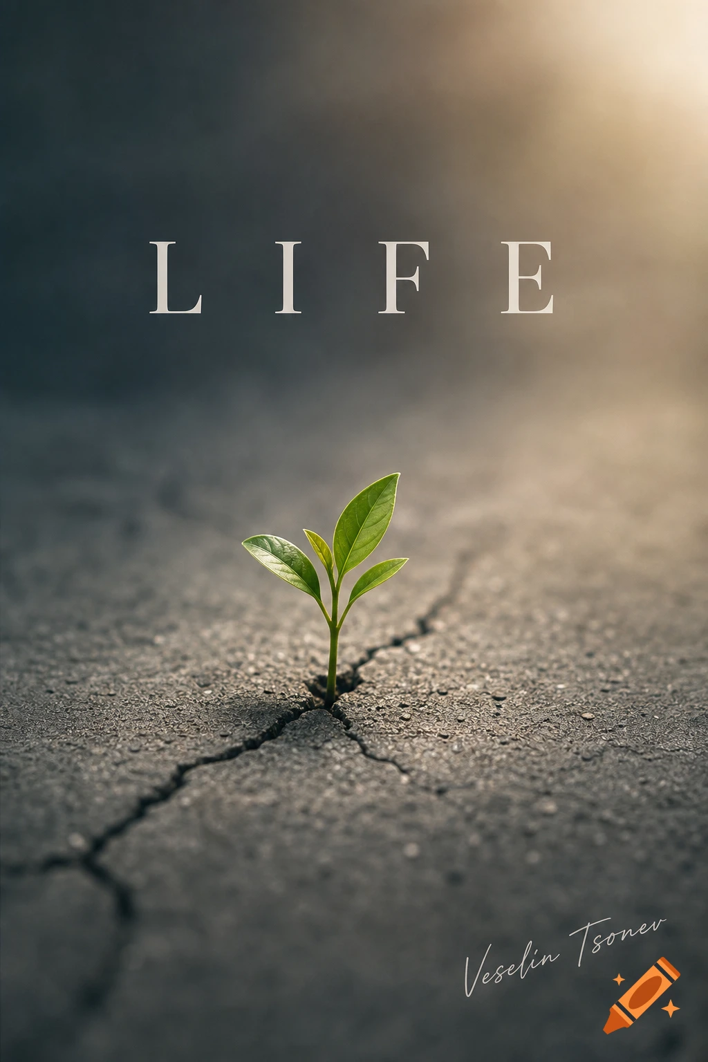 A vibrant green sprout emerges from a crack in dark concrete pavement. The word "LIFE" appears above the plant, with a signature "Veselin Tsonev" below, in a dramatic, photorealistic style.
