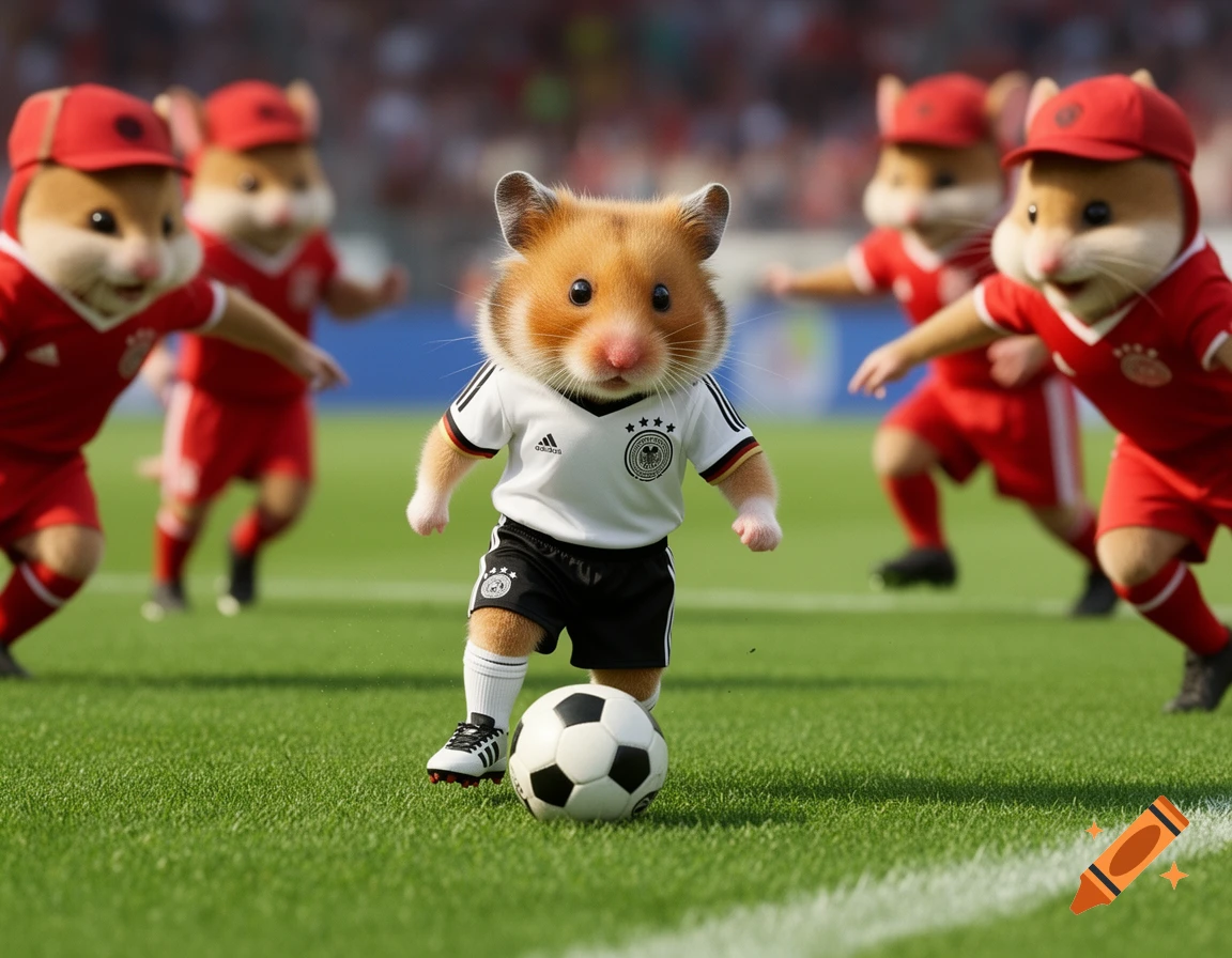 A photorealistic image of a hamster in a German soccer jersey dribbling a ball on a green field, with other hamsters in red jerseys blurred in the background.