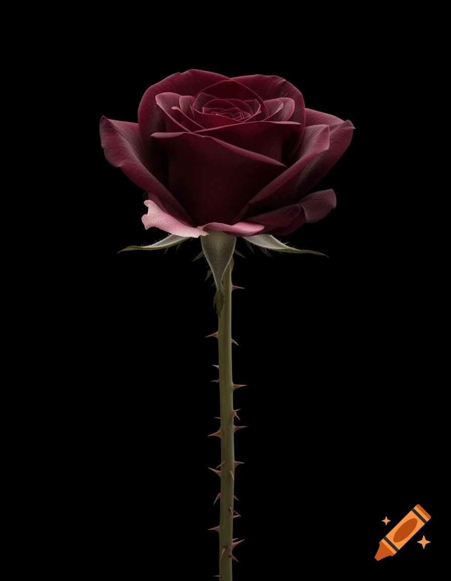 A single dark red rose with a long, thorny stem stands upright against a minimalist black background.