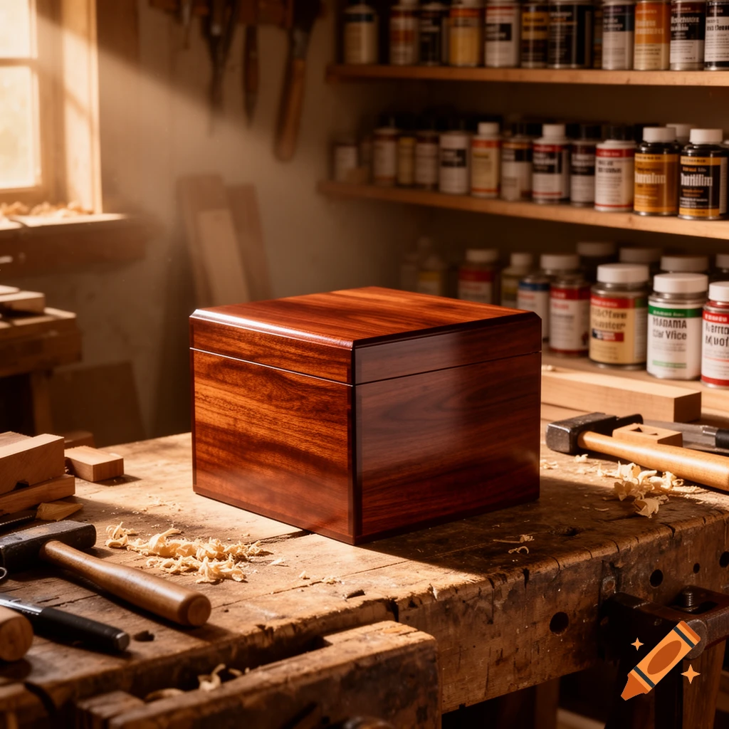A polished wooden box sits on a workbench with wood shavings and tools, bathed in warm sunlight. Shelves of jars are in the background.