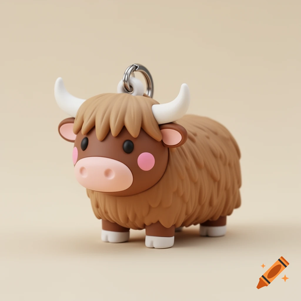 A brown and tan cartoony highland cow keychain with pink cheeks, white horns, and a metal loop.