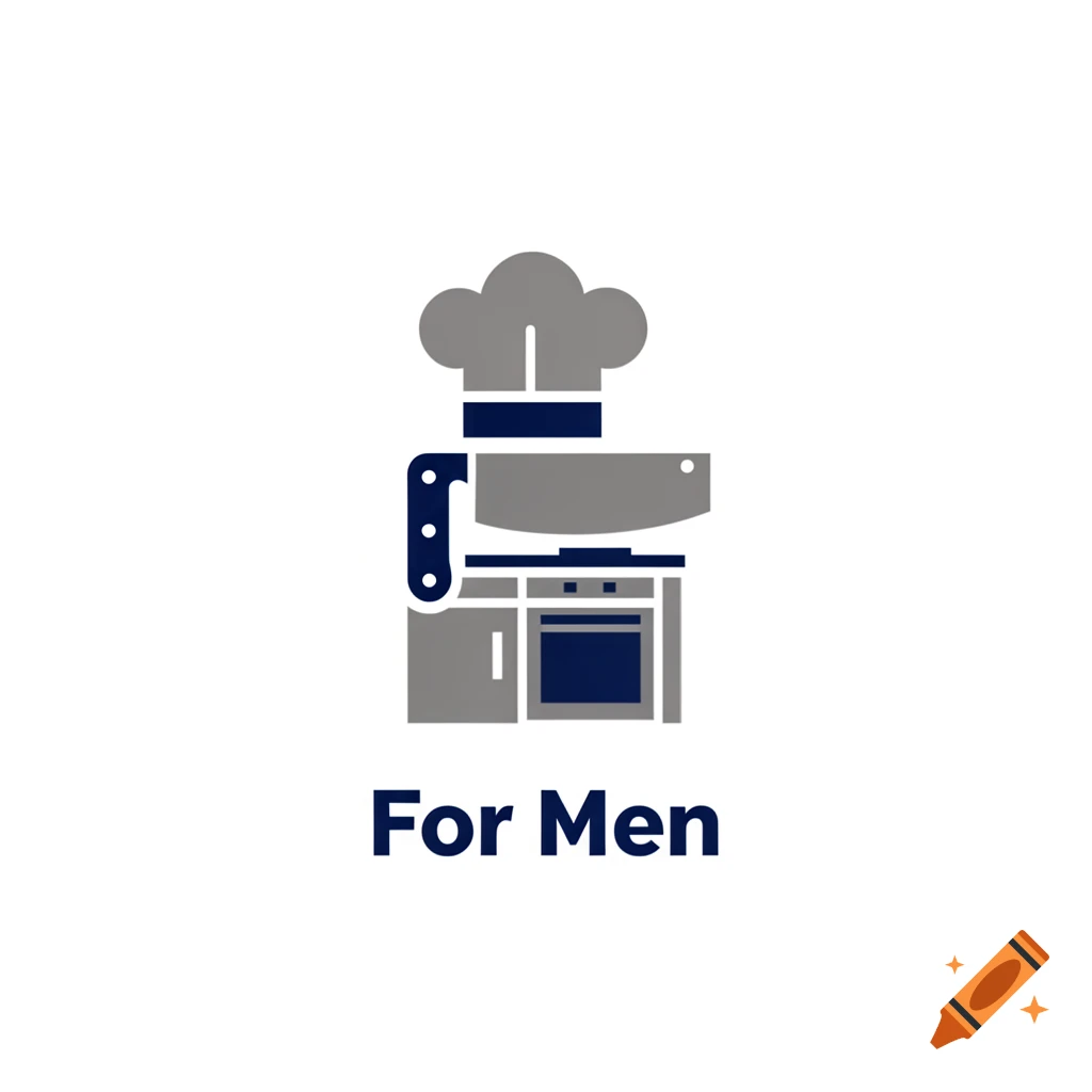 Minimalist icon featuring a chef's hat, large cleaver, and kitchen counter with an oven, above the text 'For Men'.