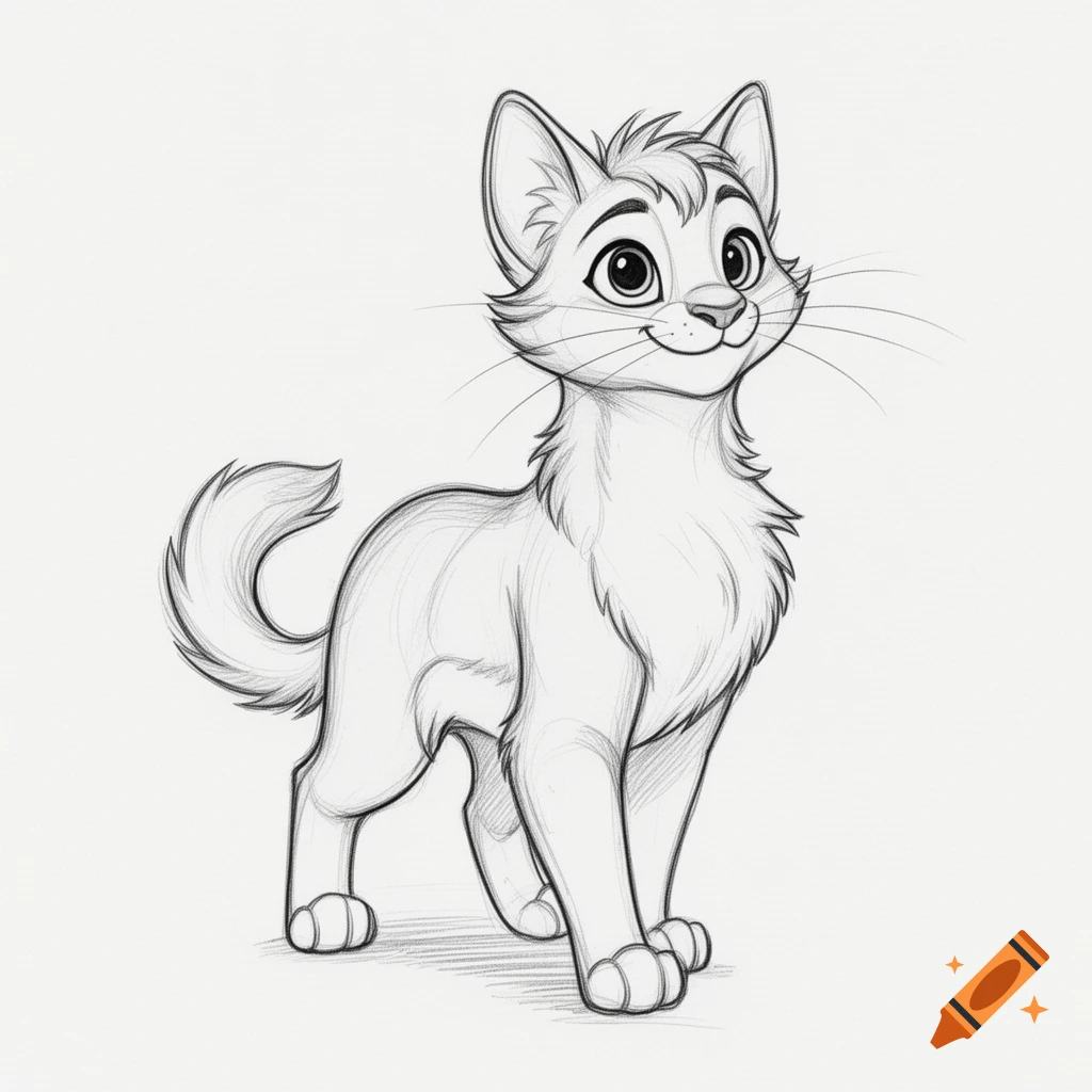 Digital sketch of a cartoon cat standing with a sweet expression.