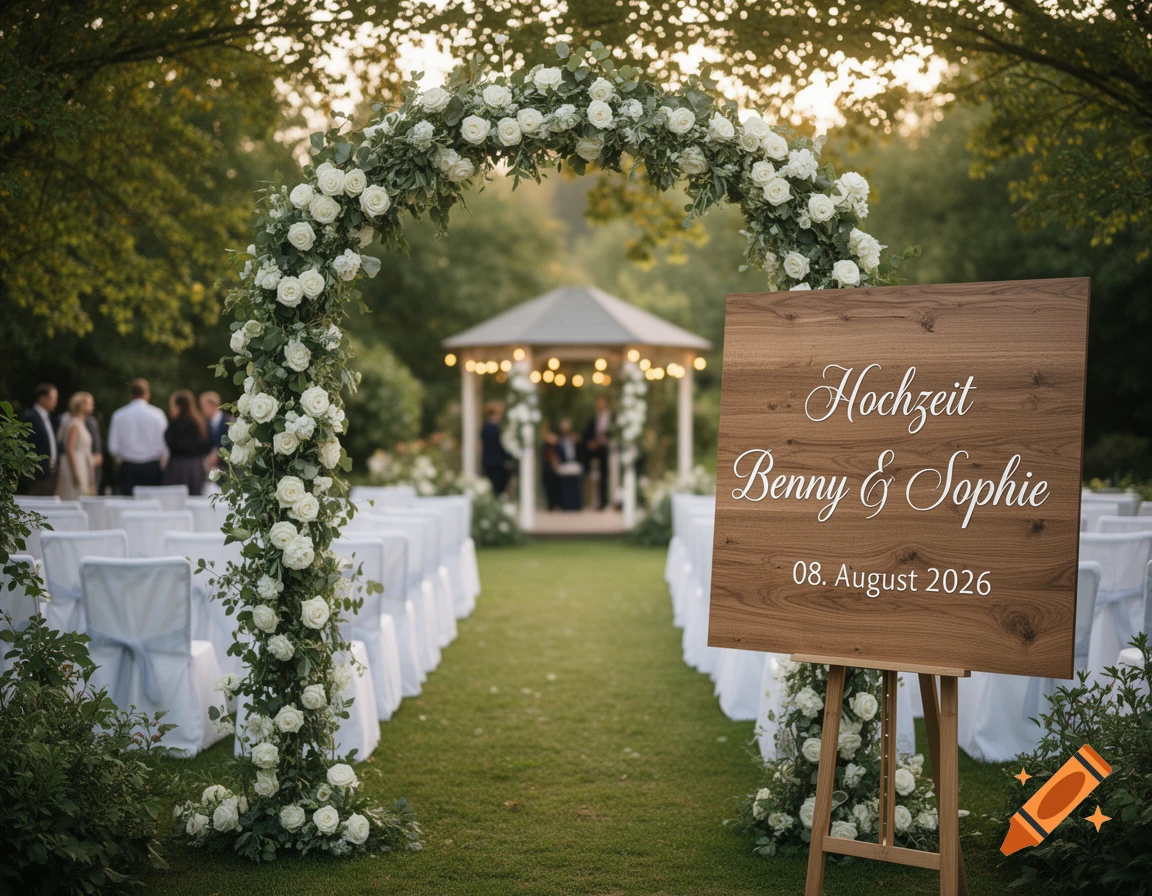 Photorealistic image of an outdoor wedding ceremony setup with a floral arch, white chairs, and a welcome sign.