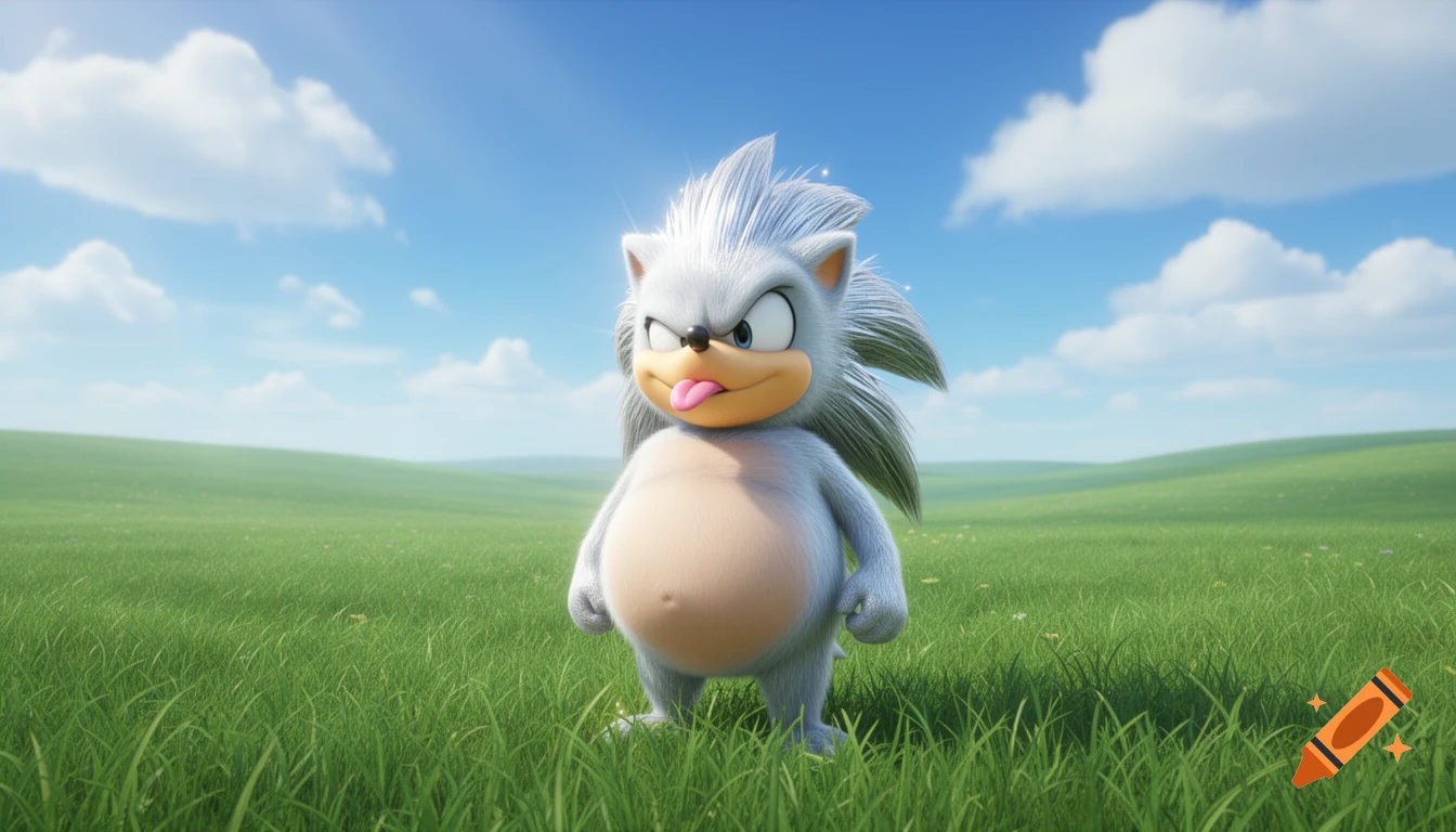 A white, spiky hedgehog-like character with a large belly stands in a green field, sticking out its pink tongue. 3D animated style.
