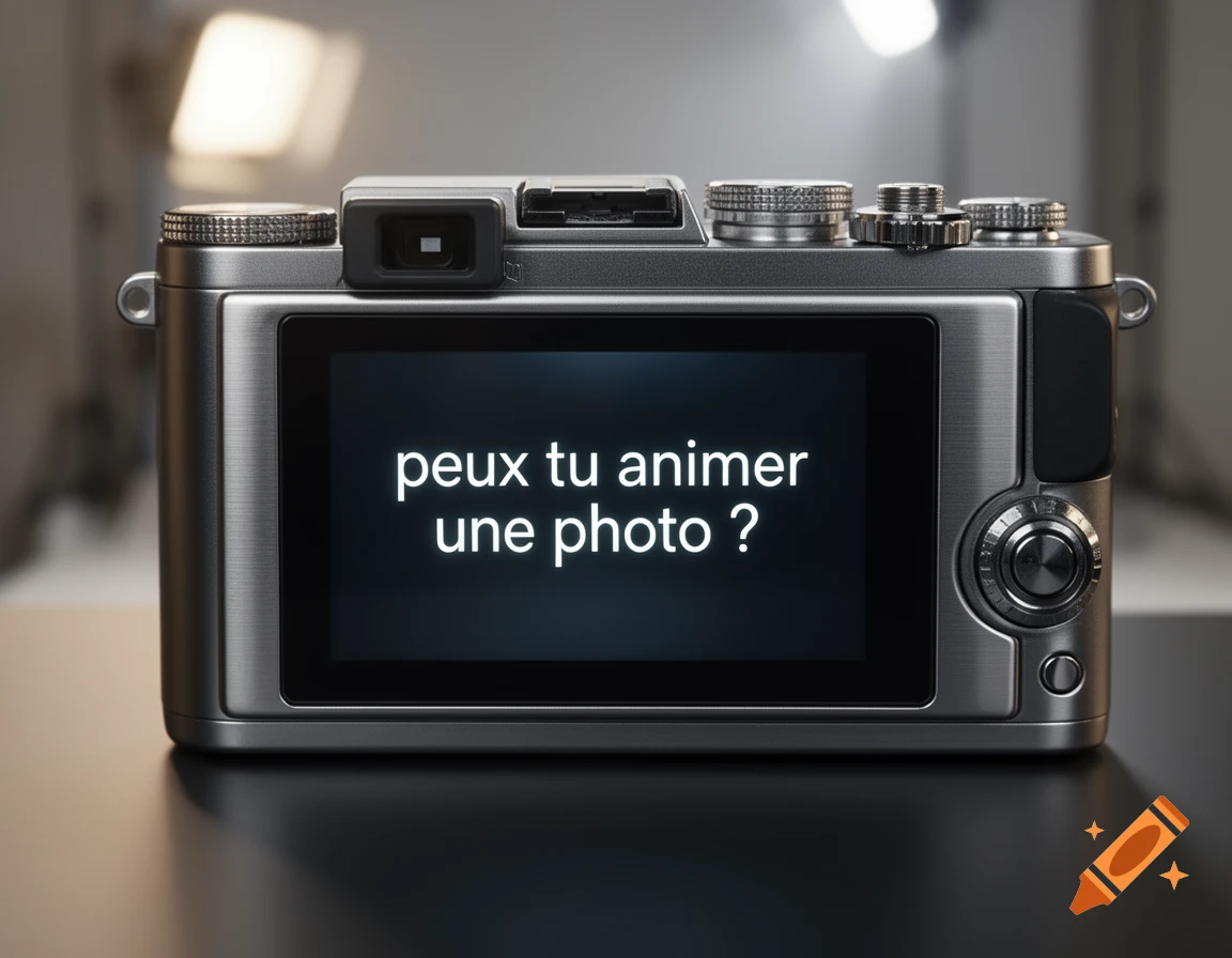 A photorealistic silver digital camera displays the French text 'peux tu animer une photo ?' on its screen.