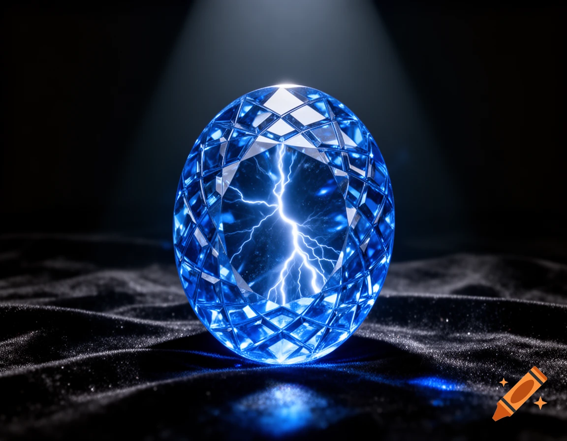 A glowing blue faceted crystal ball with lightning inside, on a dark textured surface, illuminated by a spotlight.