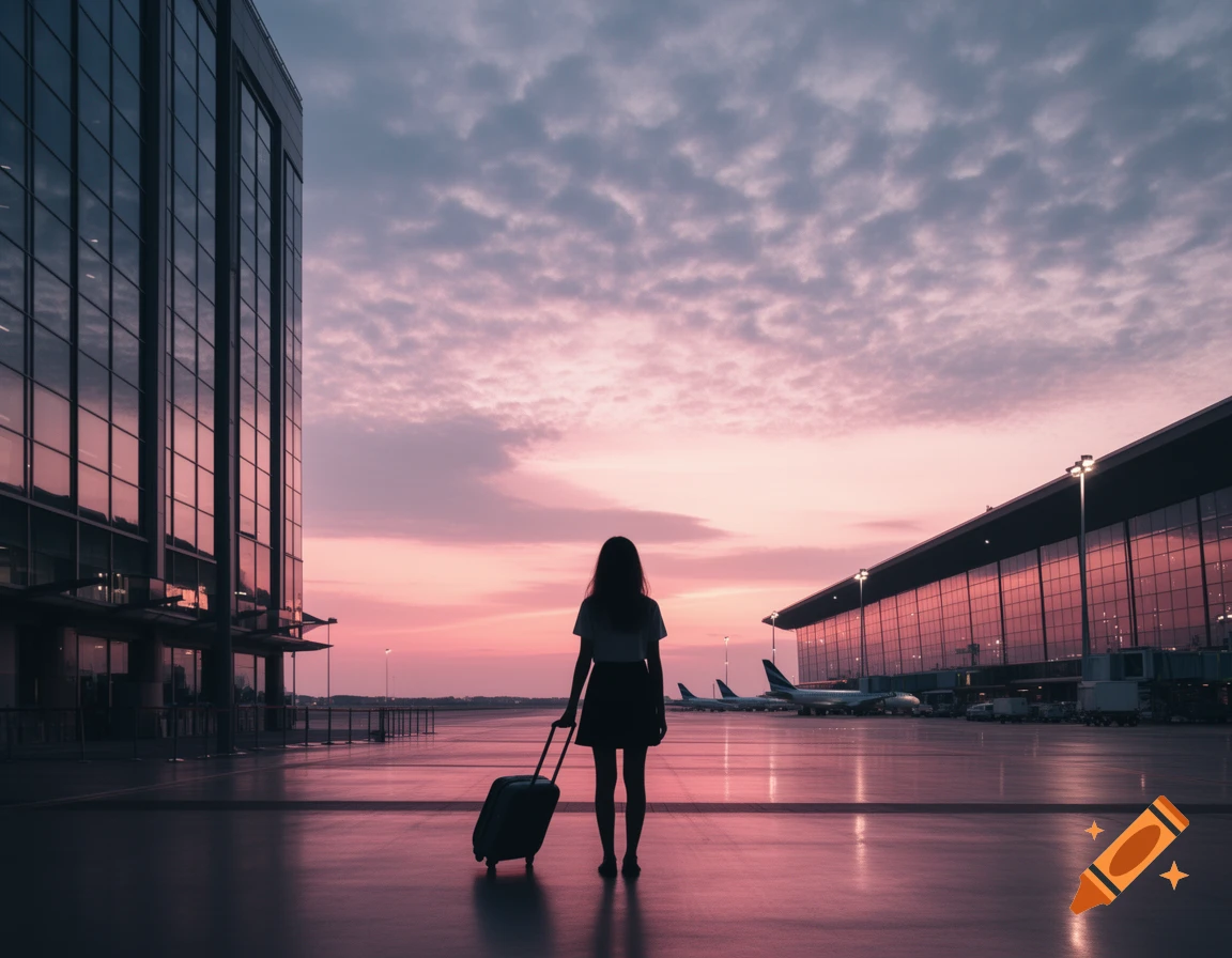 A person with a suitcase stands silhouetted at an airport tarmac during a vibrant pink and purple sunset, looking towards parked airplanes.