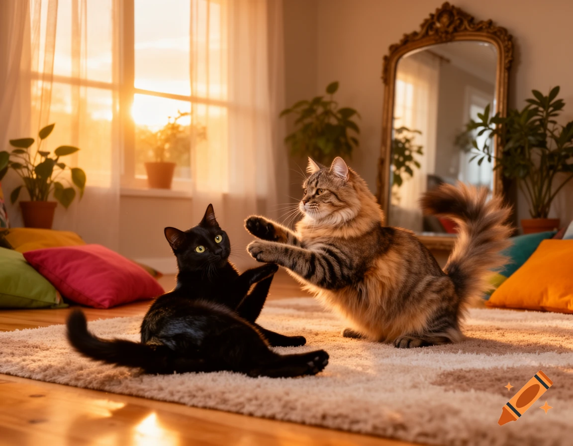 A black cat and a tabby cat playing on a rug in a sunlit living room with cushions and a mirror.
