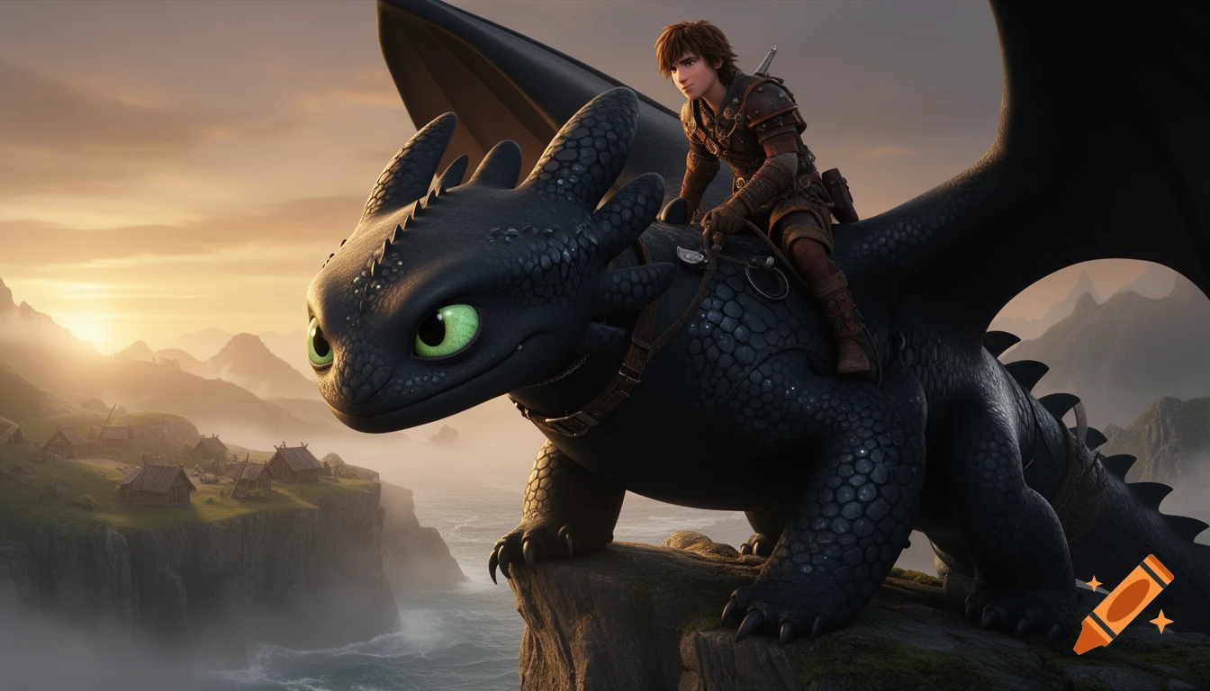 Hiccup rides Toothless, a black Night Fury dragon, on a cliff overlooking a Viking village at cinematic sunset.