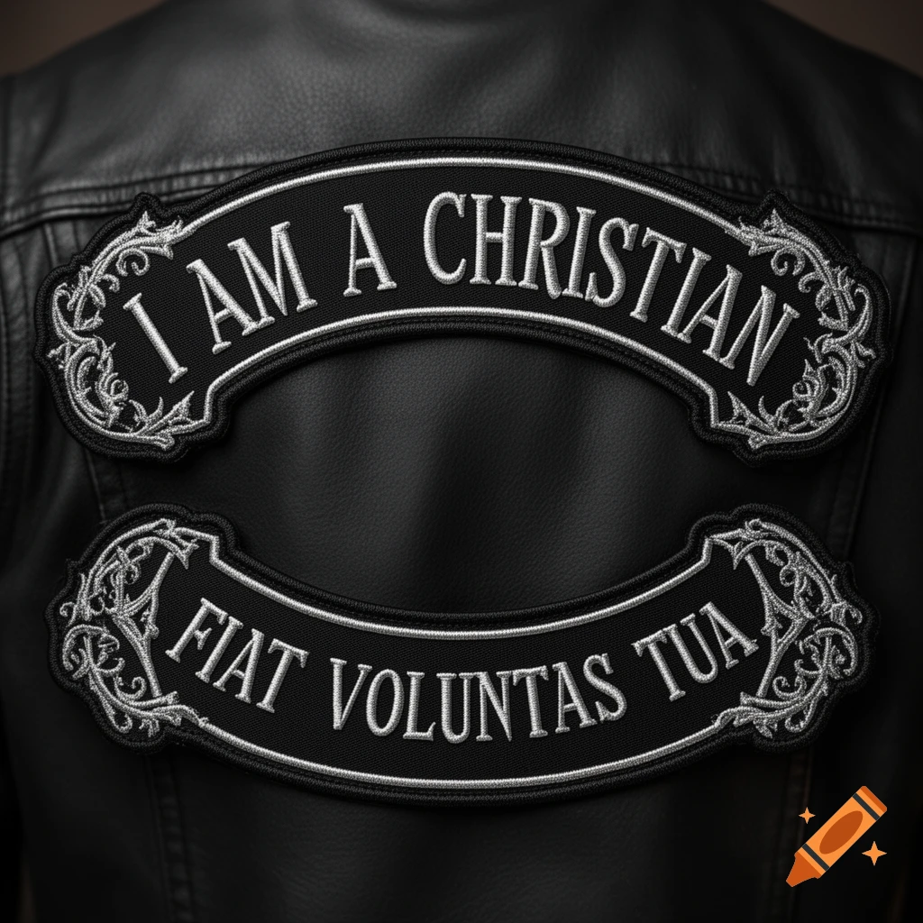 Two black embroidered motorcycle patches with white text, 'I AM A CHRISTIAN' and 'FIAT VOLUNTAS TUA', on a black leather jacket.
