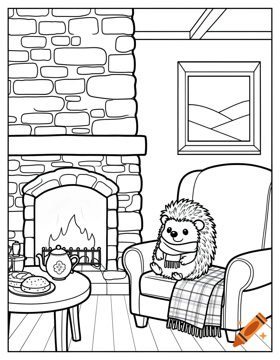A black and white coloring page showing a cute hedgehog with a scarf sitting on an armchair by a fireplace in a cozy cottage with a table holding a teapot and scones.
