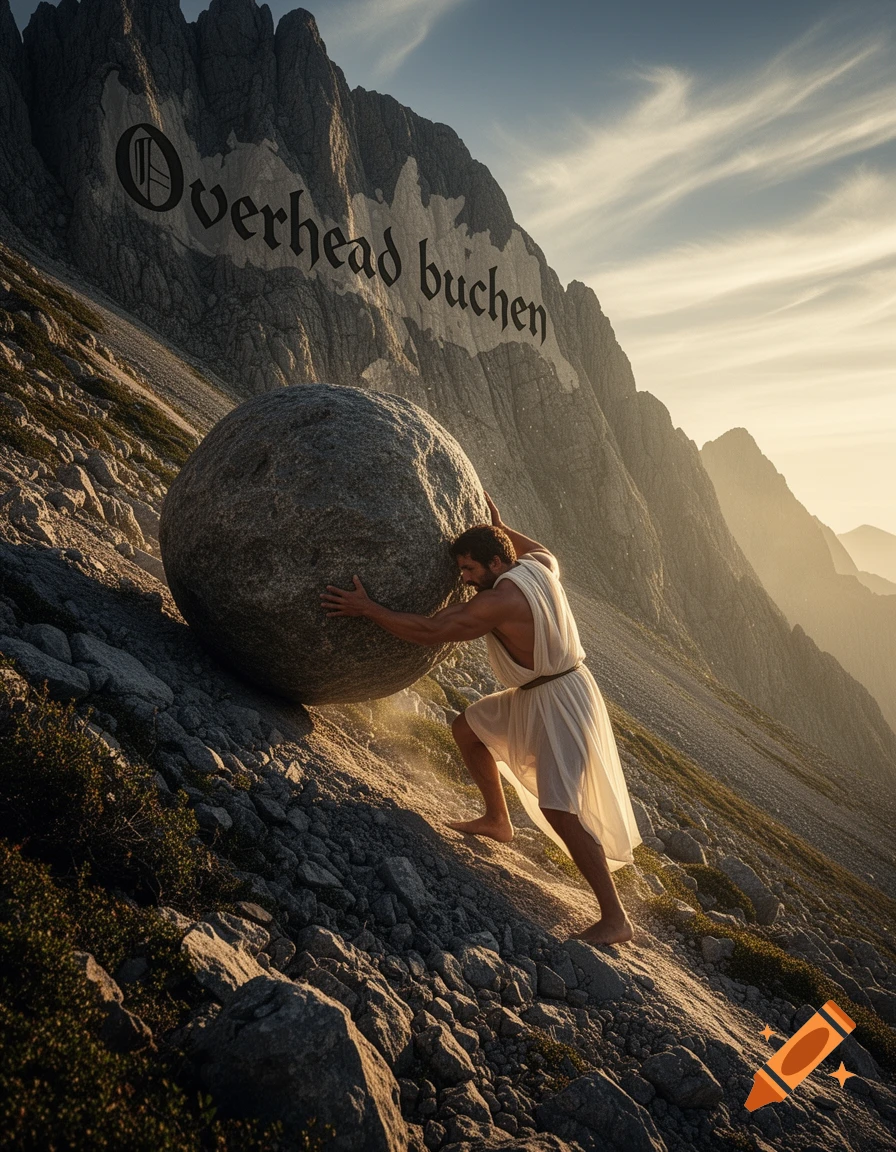 A man resembling Sisyphus pushes a giant boulder up a rocky mountain with text 'Overhead buchen' on the mountain, at sunset.