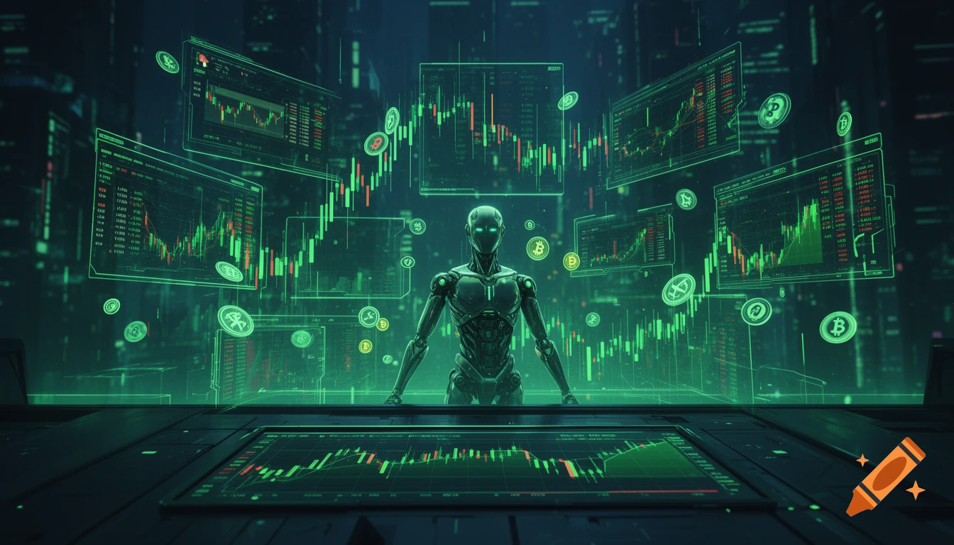 A glowing green holographic crypto trading dashboard with a sleek robot overlooking candlestick charts and Bitcoin symbols in a dark, futuristic cyberpunk city.
