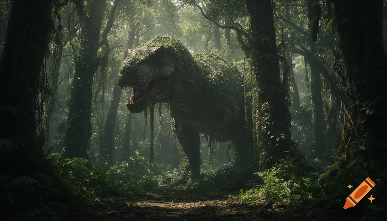 A large, moss-covered Indominus Rex stands partly hidden in a dense, misty photorealistic jungle.