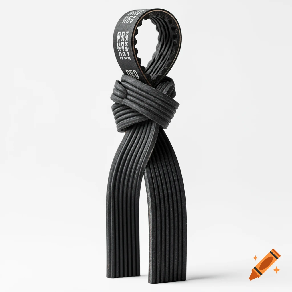 A black automotive timing belt tied in a knot, standing upright on a white background, with white text on the belt.