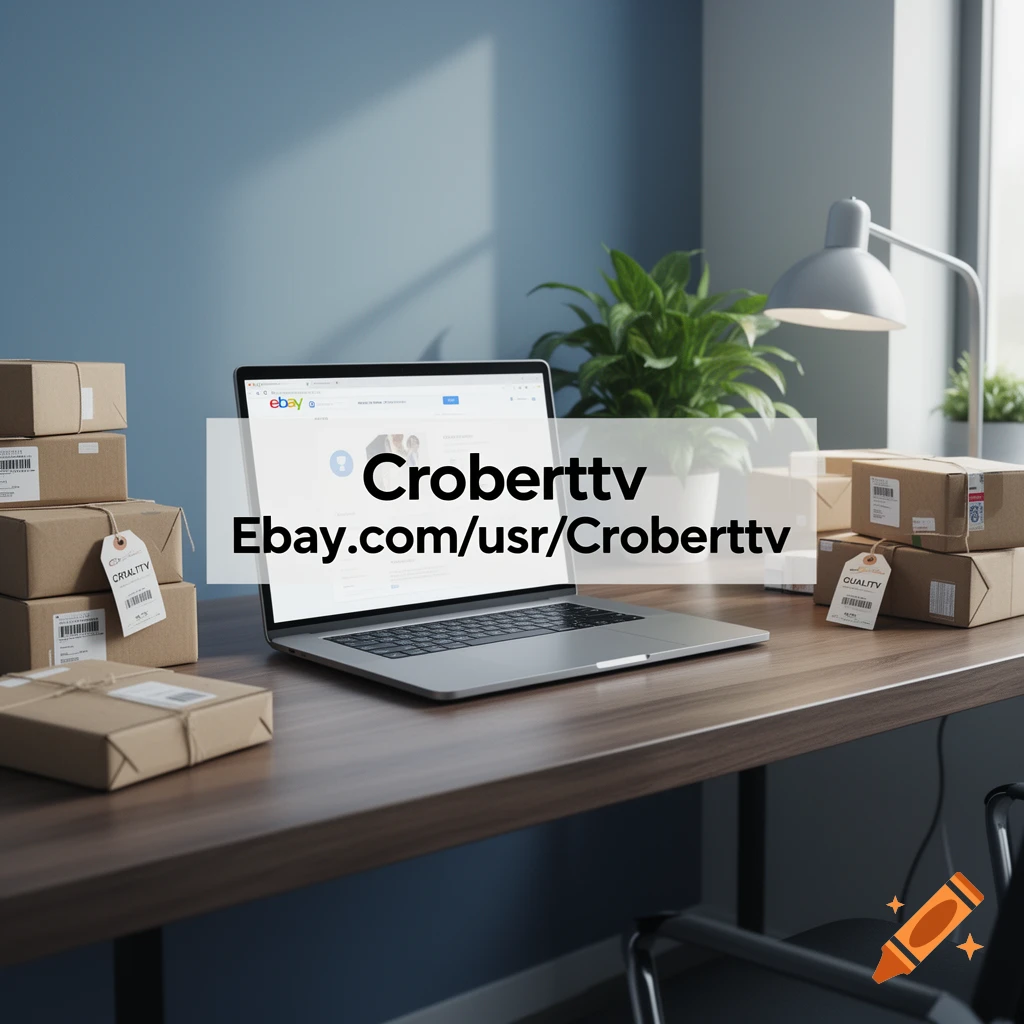 A laptop showing an eBay page on a wooden desk with several brown shipping boxes and a plant, against a blue wall. The text "Croberttv Ebay.com/usr/Croberttv" is overlaid on the image.