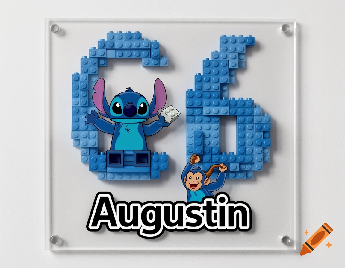 Acrylic plaque with a blue Lego-style number 6, Stitch, Curious George, and the name Augustin.
