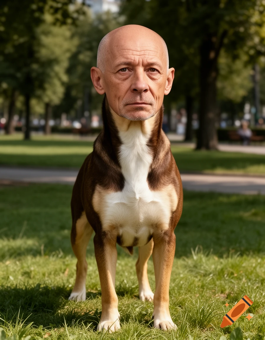 A photorealistic image of a brown and white dog with a bald man's head, standing in a sunny park.