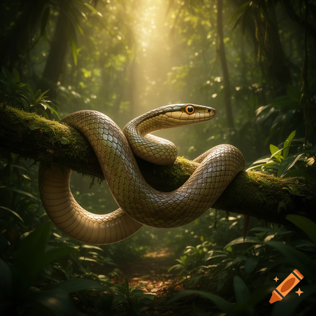 A realistic snake with light brown scales and orange eyes coiled around a mossy branch in a sunlit jungle.