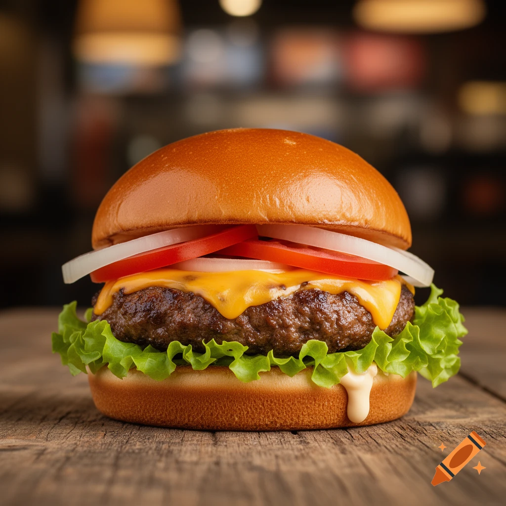 A photorealistic close-up of a burger with melted cheese, lettuce, tomato, and onion on a wooden surface.