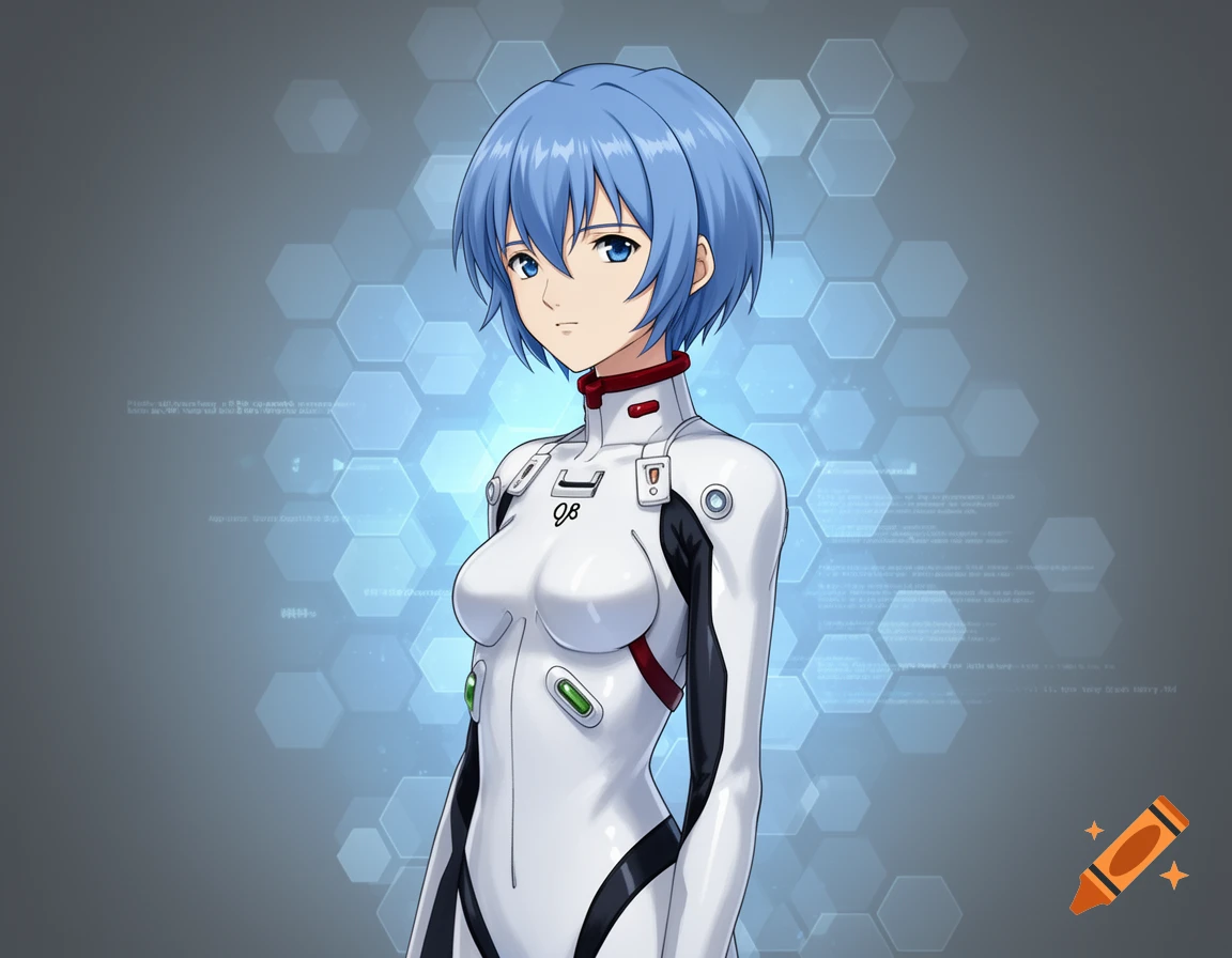 Anime character Rei Ayanami with short blue hair and blue eyes, wearing a white and red plugsuit, standing against a futuristic hexagonal background.