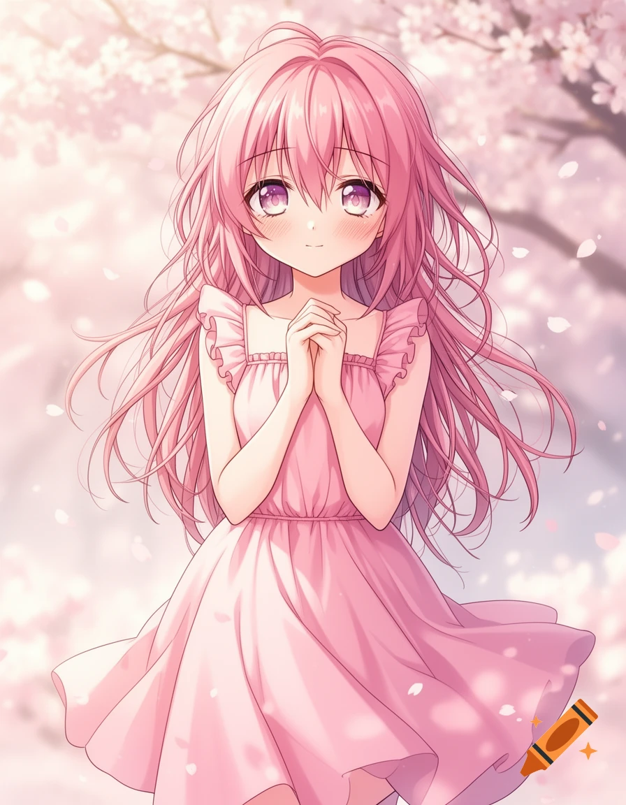 A cute anime girl with long pink messy hair wearing a pink ruffled dress, looking shy under a cherry blossom tree.