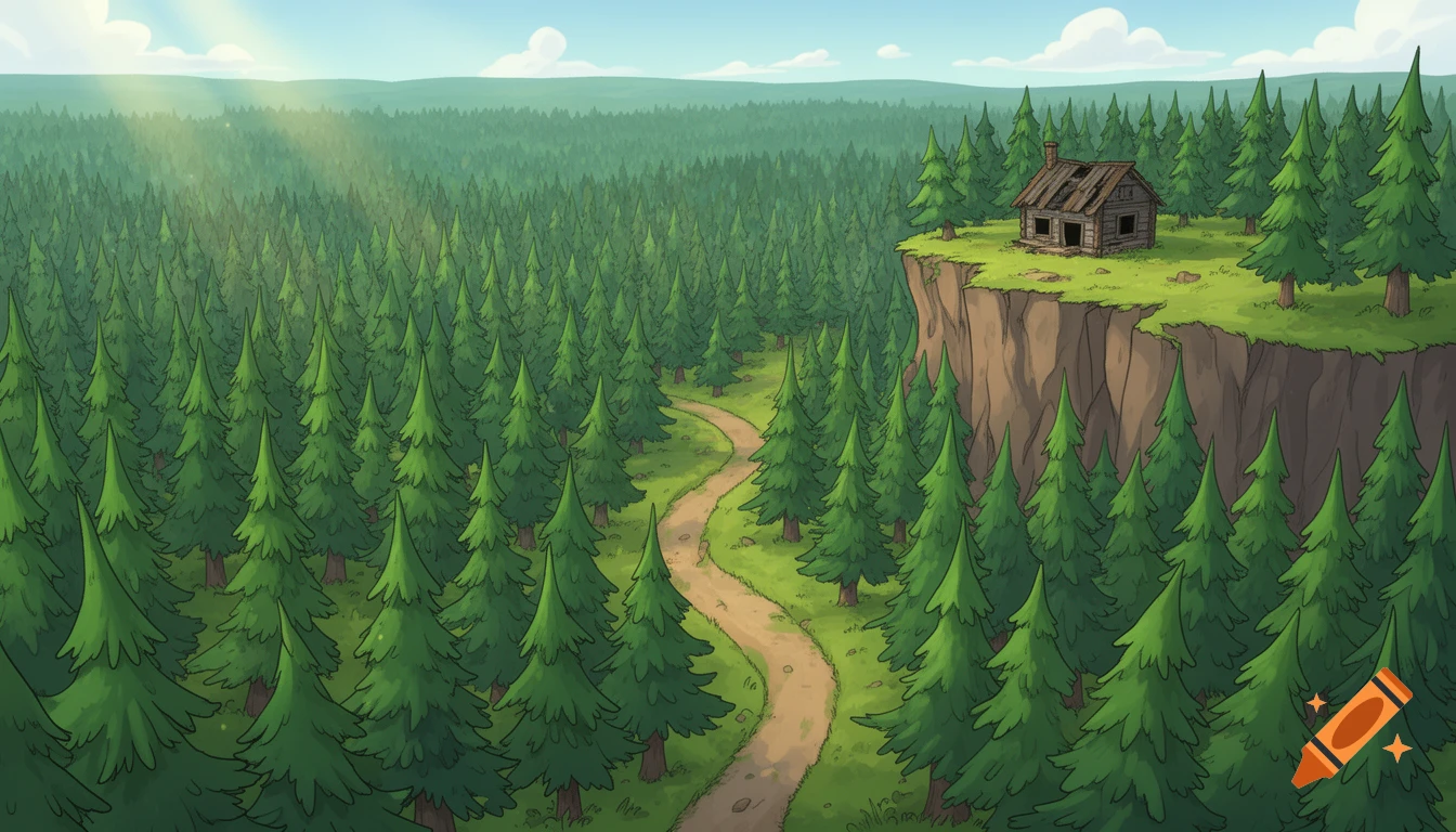 Cartoon landscape of a dense forest with a winding path, leading to a rustic cabin on a cliff edge.