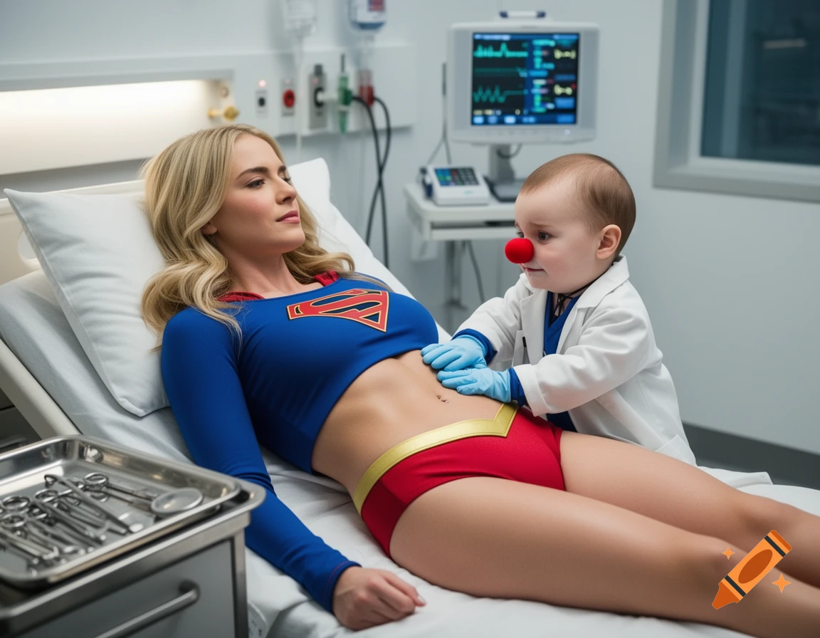 A supergirl in a blue crop top and red briefs lies on a hospital bed while a baby dressed as a doctor clown with a red nose examines her belly. Photorealistic.