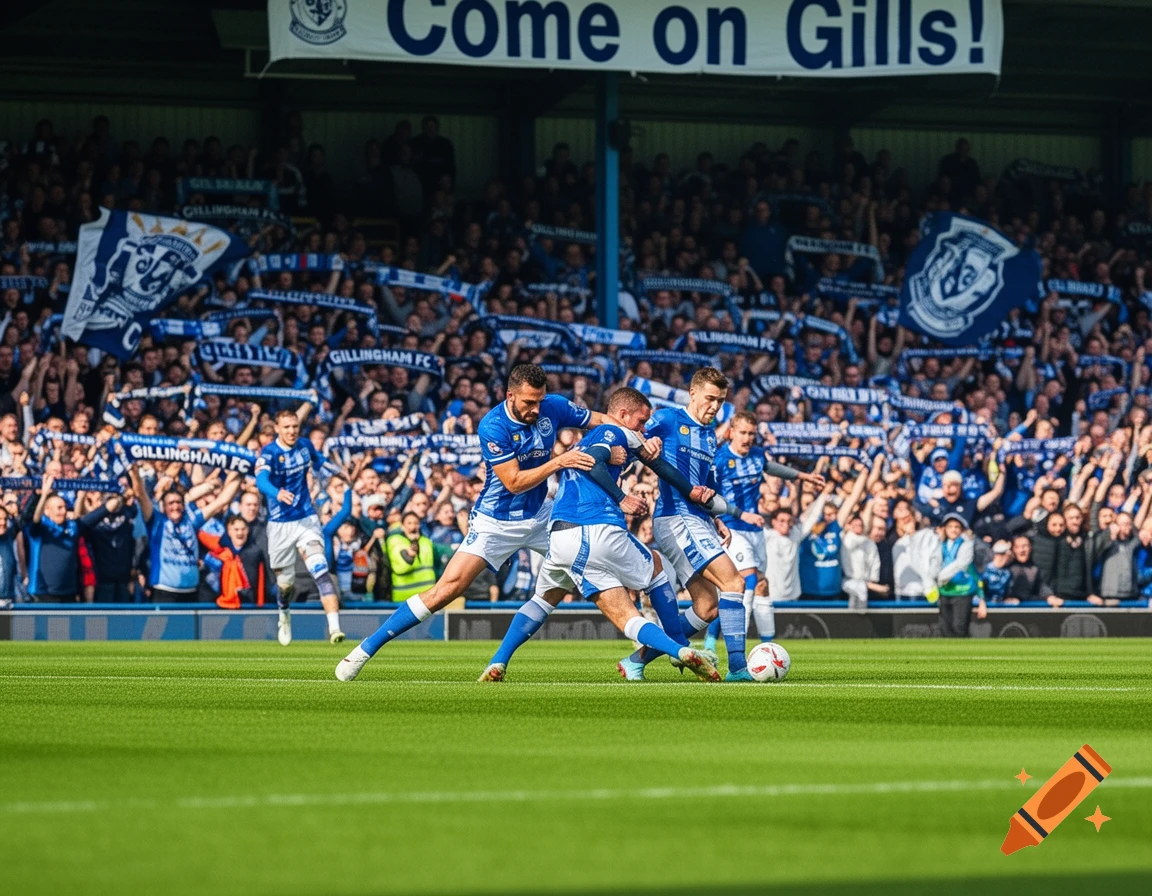 Photorealistic image of soccer players in blue and white uniforms competing for the ball on a green field, with a cheering crowd in a stadium behind them.