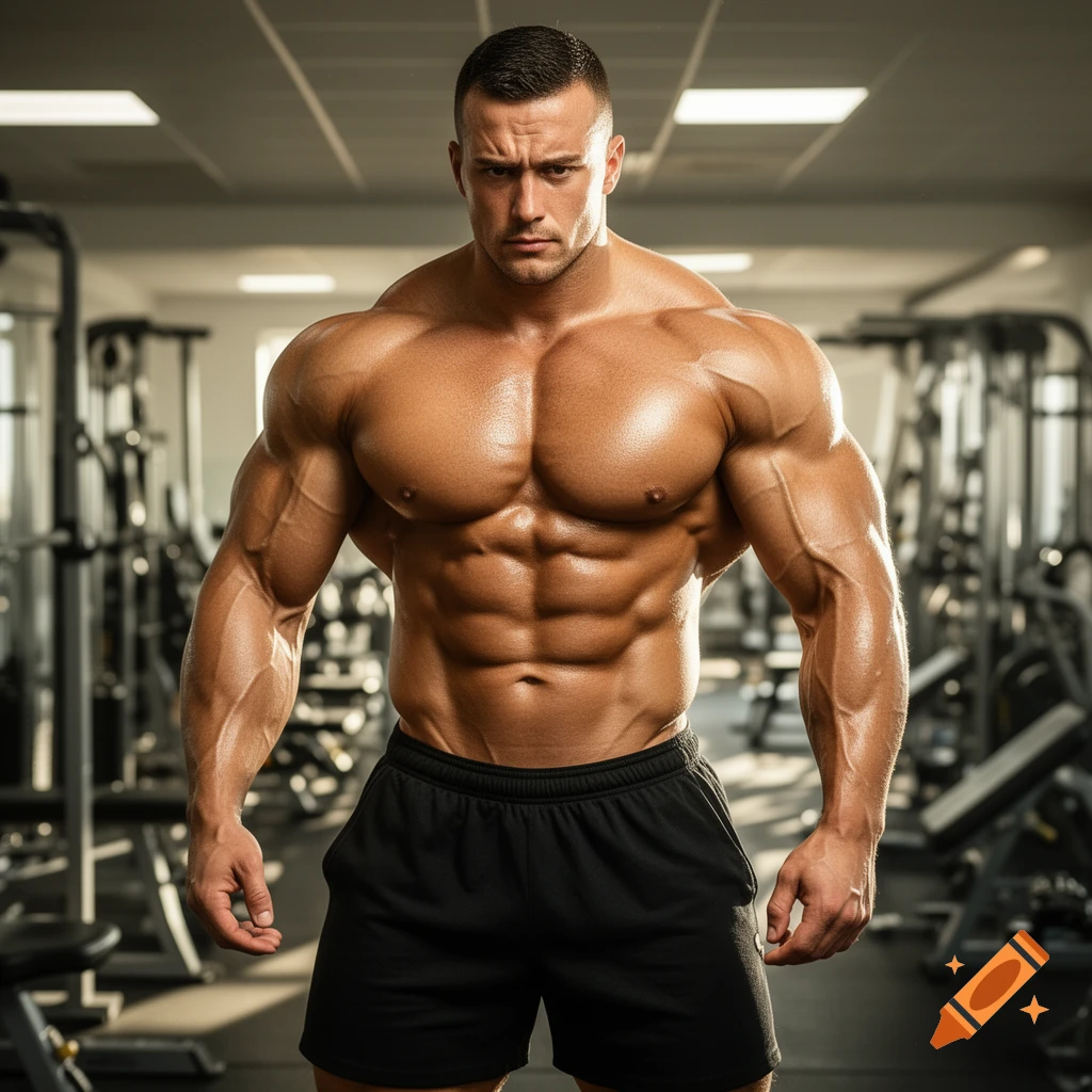 Photorealistic image of a very muscular male bodybuilder with a serious expression, posing in a gym.
