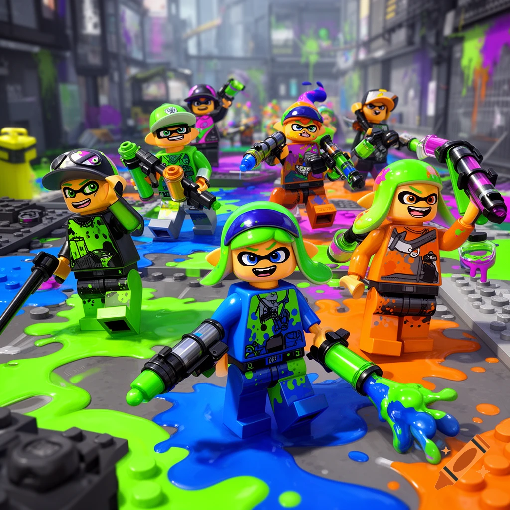 Lego Splatoon minifigures in a vibrant, ink-splattered urban scene, holding their signature ink weapons.