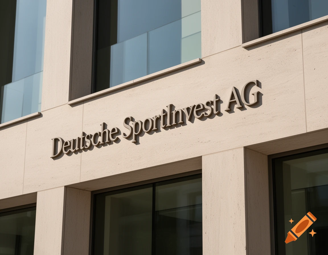 Close-up of a modern building facade with the name "Deutsche SportInvest AG" in raised letters.