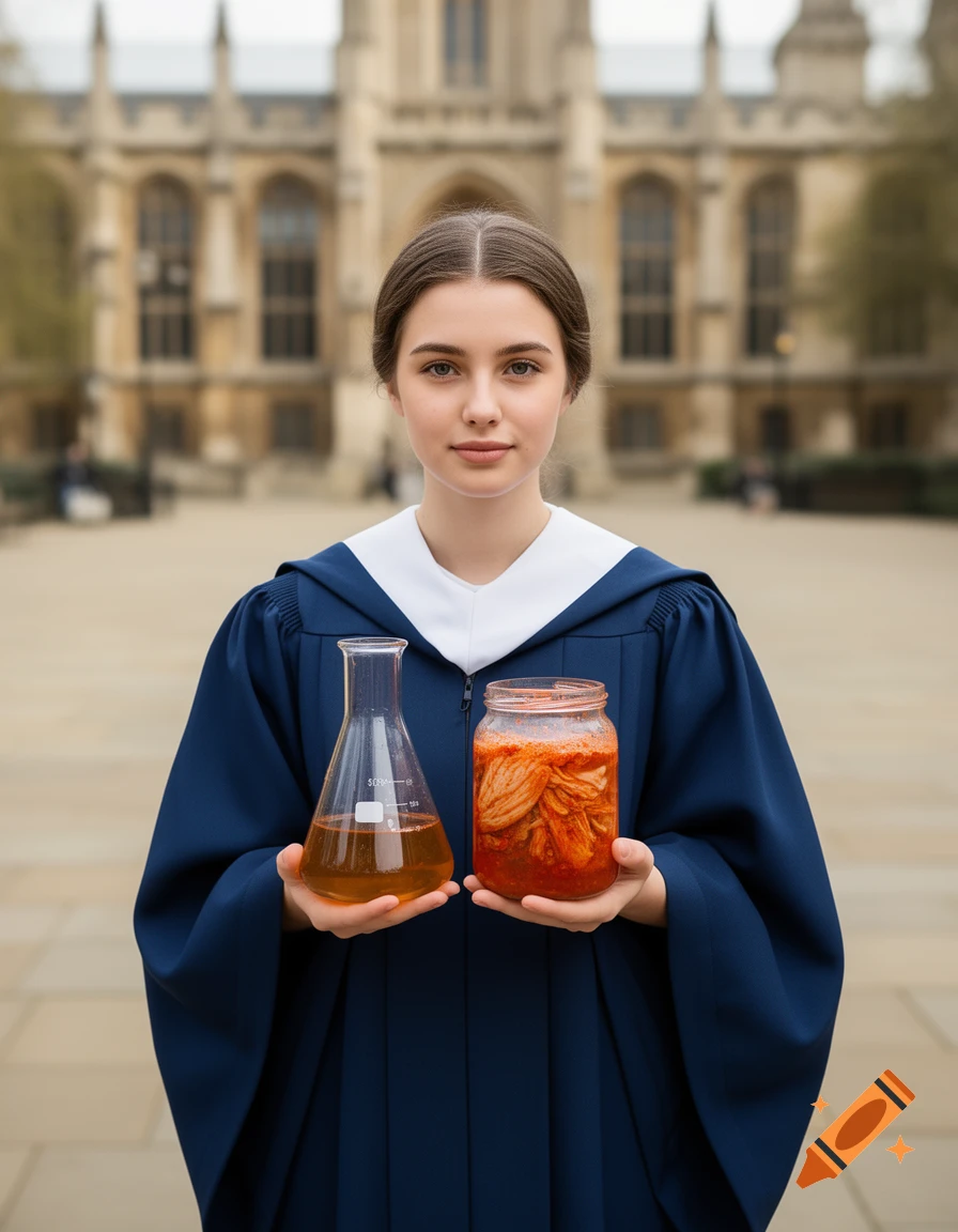 A young woman in academic dress holds a flask and a jar of kimchi in front of a university building.