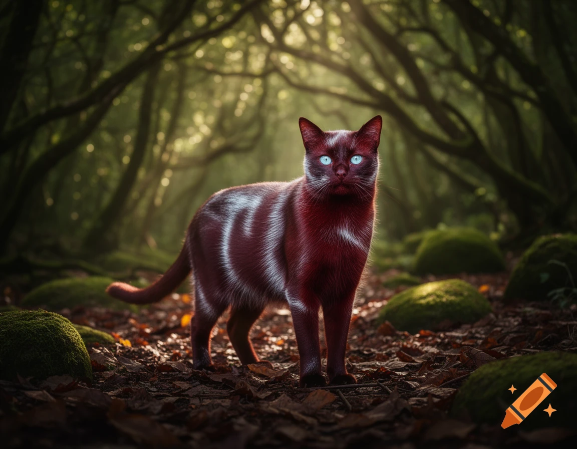 A dark red cat with silver-gray stripes and glowing icy blue eyes stands on a leaf-covered forest floor, with sunlight filtering through the trees in the background.