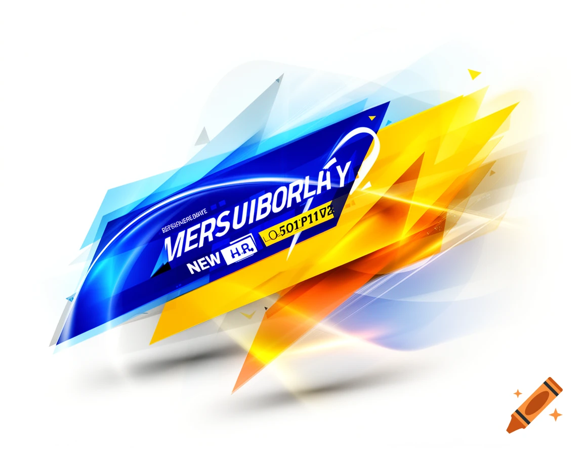 An abstract graphic featuring sharp blue, yellow, and orange geometric shapes with white highlights, mimicking modern advertising.