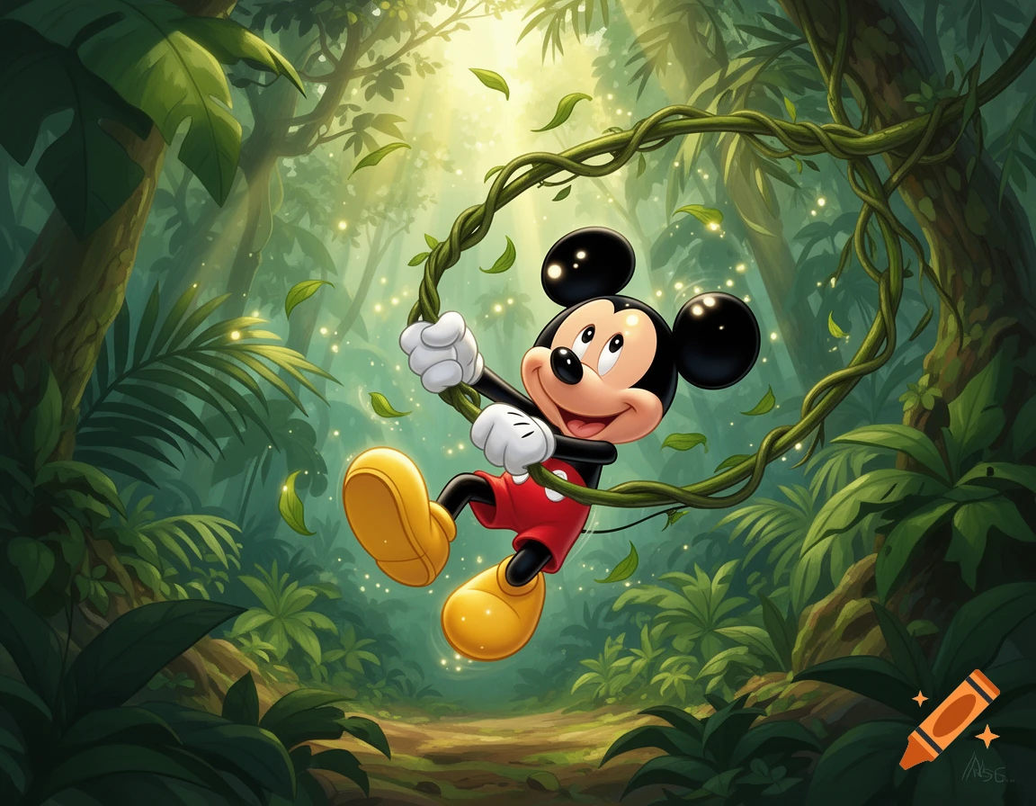 Mickey Mouse swings happily on a green jungle vine in a sun-dappled rainforest, surrounded by lush foliage.