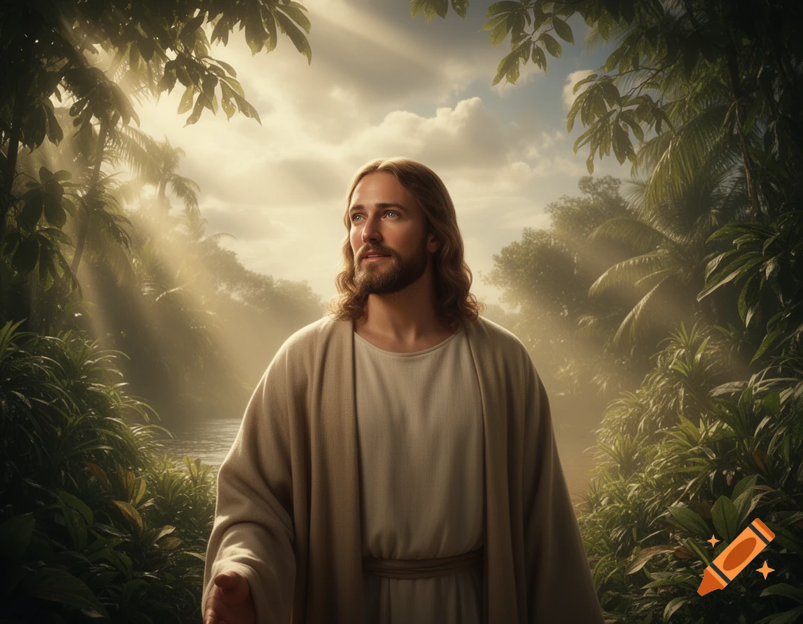 Jesus, with long hair and beard, in robes, looking up, standing in a lush tropical forest with sun rays and a river.
