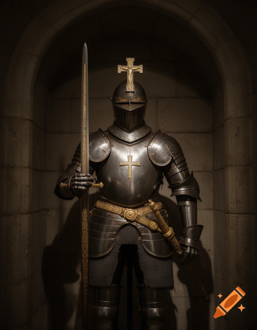 A knight's suit of armor, adorned with golden details and Christian crosses, stands in a dark stone archway, holding a long sword.