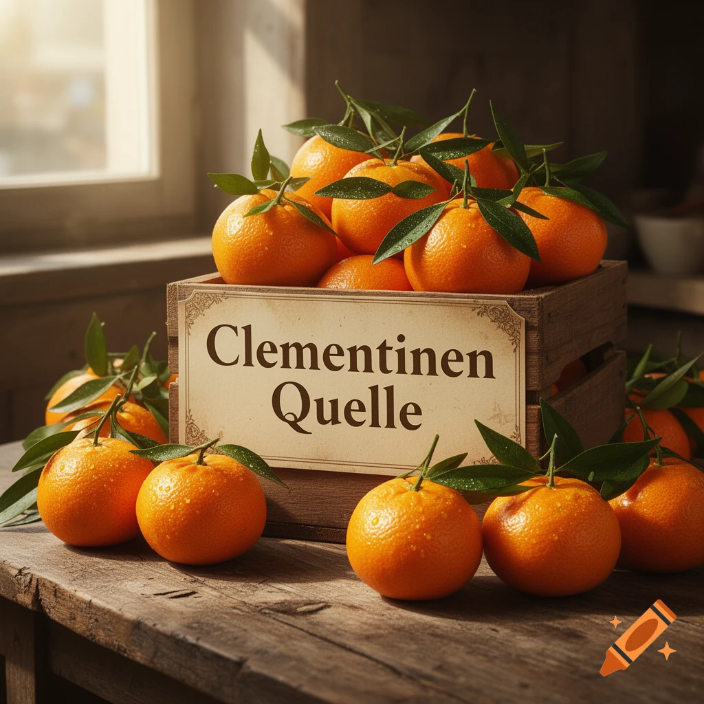 A wooden crate filled with fresh clementines and leaves, with more clementines scattered on a rustic wooden table.