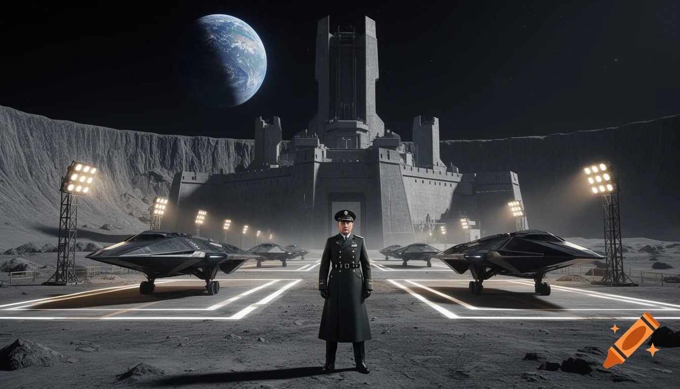 A photorealistic sci-fi scene of a military officer in a long coat on a moon base with spaceships, a fortress, and Earth in the sky.