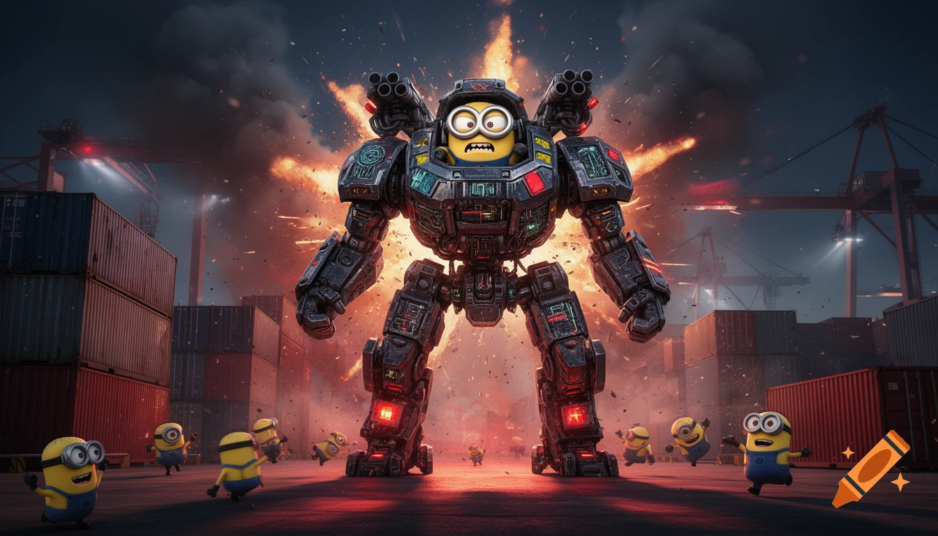 An angry Minion in a large, armed warmech stands amidst explosions in a burning shipping facility, while other Minions flee.