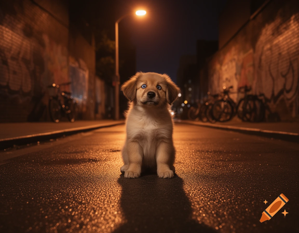 A cute golden-brown puppy with blue eyes sits alone on a wet urban street at night, lit by a street lamp.